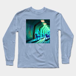 Several Blue Cats March Down a Hallway in an Underground Base Long Sleeve T-Shirt